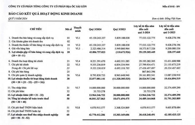 Trích: Báo cáo tài chính quý III/2024 của Tổng CTCP Địa ốc Sài Gòn - Saigonres