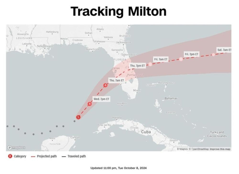 Hình ảnh dự kiến đường đi của siêu bão Milton tính đến 23h ngày 8/10 (giờ địa phương). Ảnh: CNN