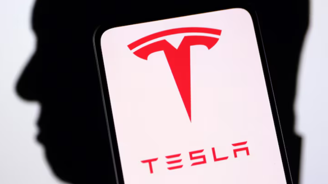 Logo Tesla và hình bóng Elon Musk. Ảnh: Reuters/Dado Ruvic