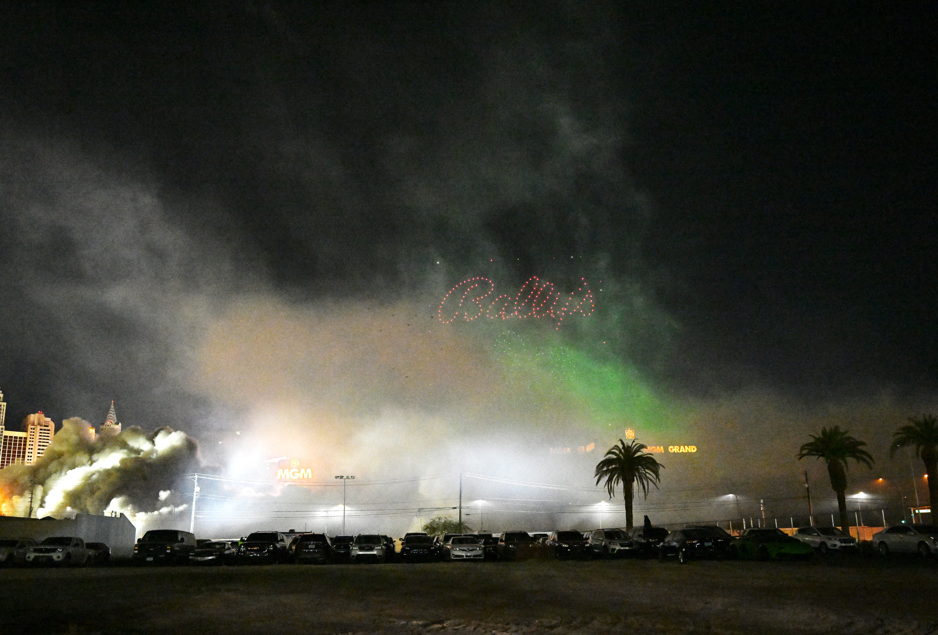 The implosion featured featured 555 drones and a fireworks display.