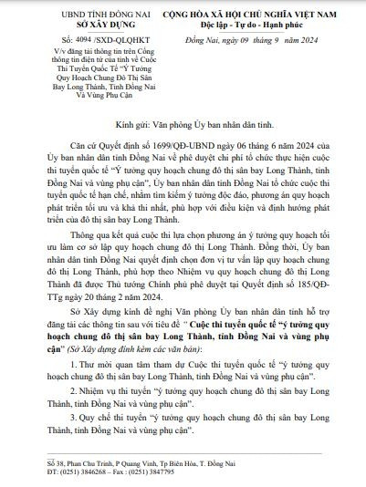 Trích văn bản phê duyệt ý tưởng cuộc thi thiết kế đô thị Long Thành. Nguồn: UBND tỉnh Đồng Nai