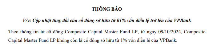 Quỹ ngoại Composite Capital Master tiếp tục thoái vốn, 'khuất dần' khỏi VPBank