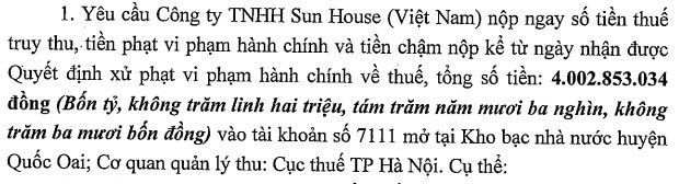 Đóng mã số thuế từ tháng 3/2024, Sun House (Việt Nam) vừa nhận thông báo truy thu 4 tỷ đồng