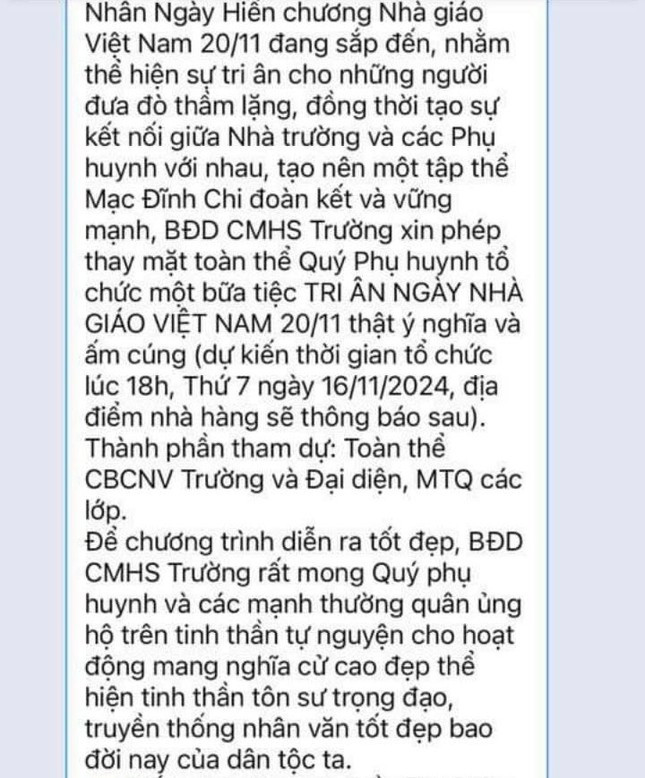 Phụ huynh vận động kinh phí tổ chức 20/11, hiệu trưởng ra thông báo khẩn ảnh 1