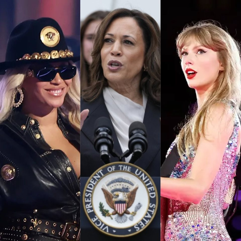 Beyoncé (ngoài cùng bên trái) và Taylor Swift (ngoài cùng bên phải) là 2 nữ danh ca công khai ủng hộ bà Kamala Harris. Ảnh: X