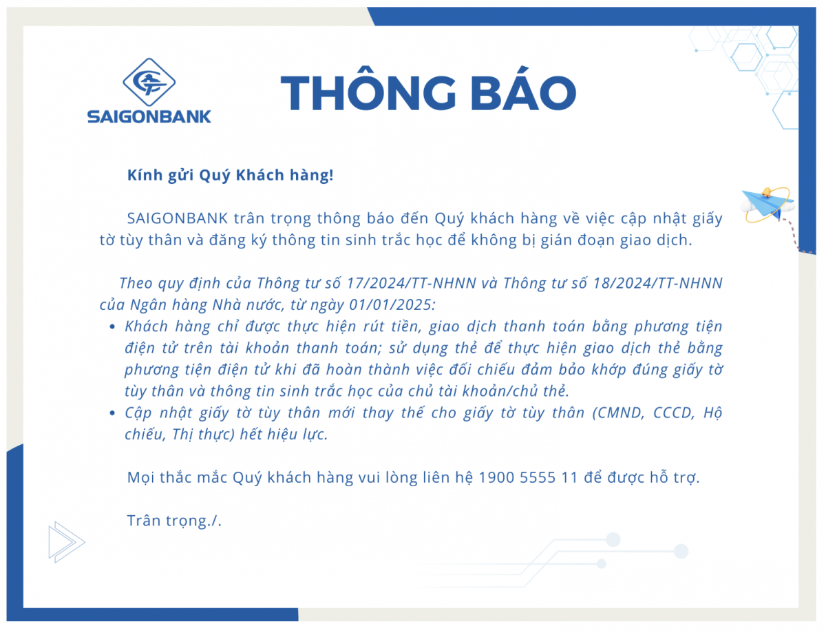 Saigonbank (SGB) khuyến nghị khách hàng nhanh chóng cập nhật sinh trắc học tránh gián đoạn giao dịch