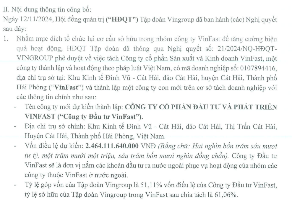 Vingroup (VIC) thành lập Công ty Đầu tư VinFast với vốn điều lệ hơn 2.400 tỷ đồng