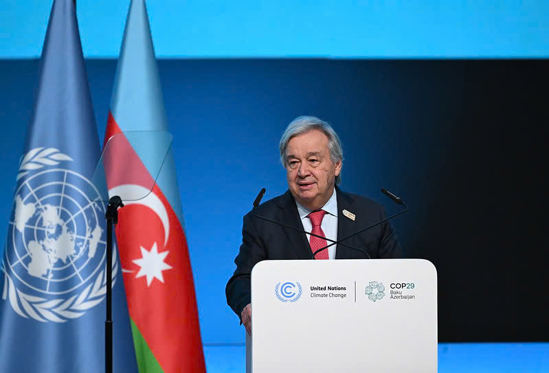 Tổng thư ký Liên Hợp quốc António Guterres phát biểu tại COP29 tại Baku, Azerbaijan ngày 12/11/2024. Ảnh: COP29.az