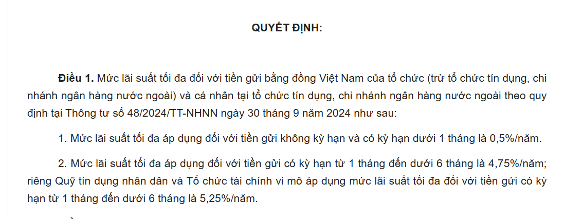 Từ 20/11/2024: Lãi suất tiền gửi kỳ hạn 1-6 tháng không quá 4,75%/năm