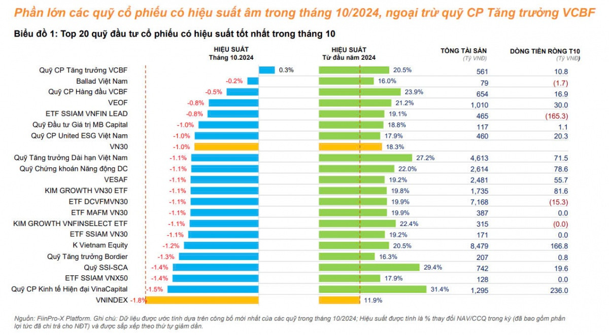 Phần lớn các quỹ đầu tư cổ phiếu thua lỗ trong tháng 10/2024