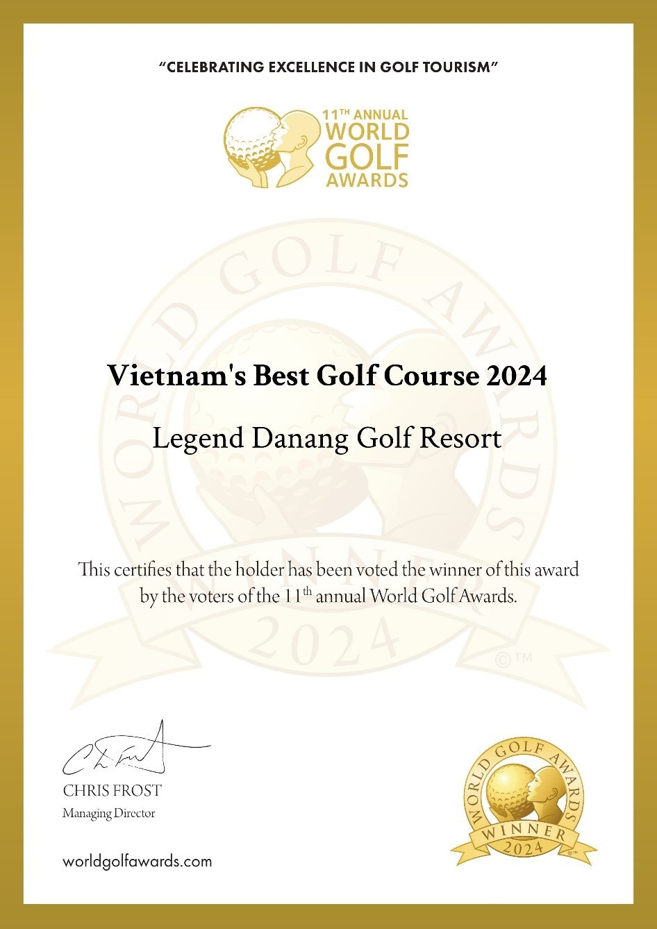 World Golf Awards vinh danh Legend Danang Golf Resort là Sân gôn Tốt nhất Việt Nam 2024