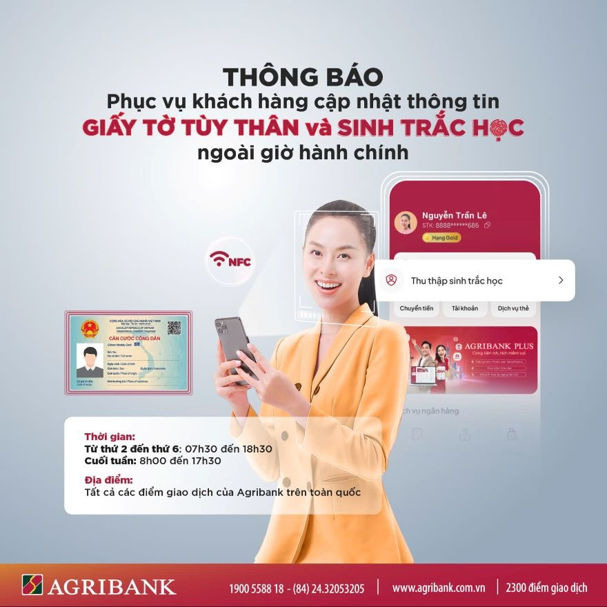 Từ 1/1/2025, ngừng giao dịch tài khoản chưa xác thực sinh trắc học: Agribank mở cửa ngoài giờ hành chính hỗ trợ khách cập nhật thông tin