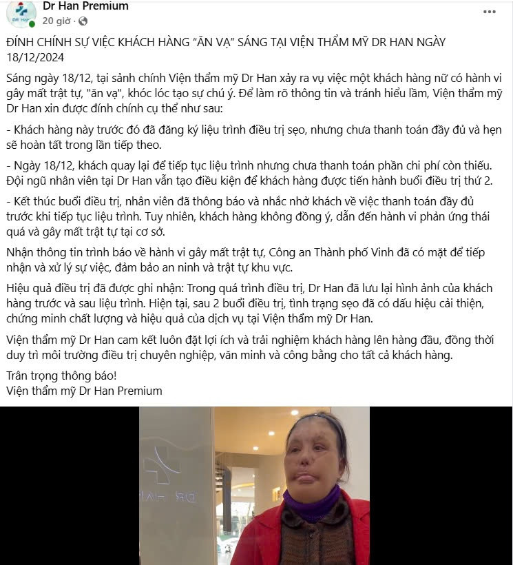 Viện thẩm mỹ Dr Han chính thức lên tiếng về việc người phụ nữ lớn tuổi tại TP Vinh 'ăn vạ' gây xôn xao dư luận