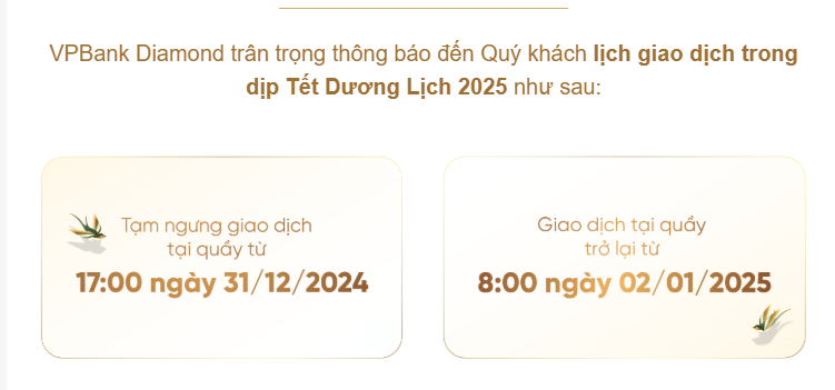 Một ngân hàng thông báo ‘TẠM GIÁN ĐOẠN’ giao dịch chuyển khoản thường và một số dịch vụ dịp Tết Dương lịch 2025