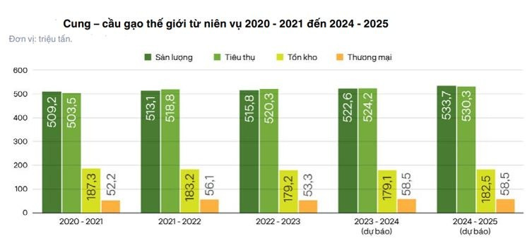 Thị trường gạo năm 2025: Nguồn cung tăng cao, giá có thể hạ nhiệt