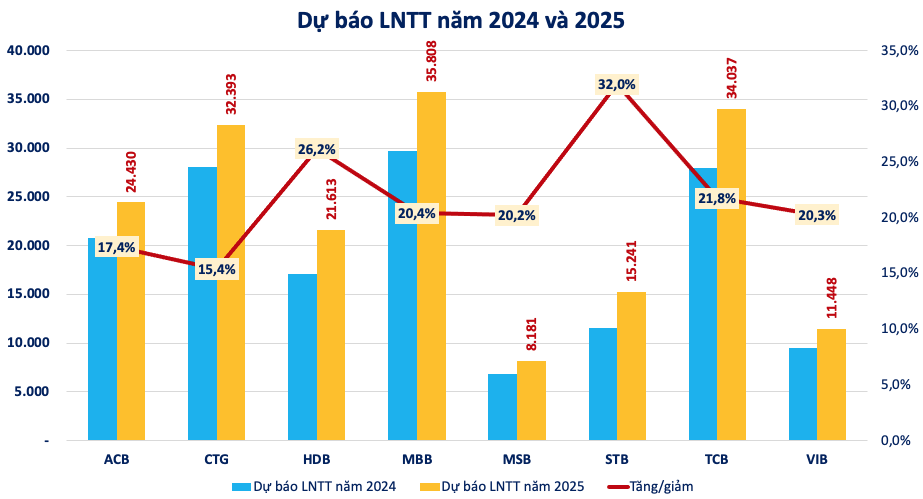 Dự báo KQKD 2024: Chuyên gia gọi tên 8 ngân hàng, kỳ vọng lớn vào Sacombank, HDBank, Techcombank…