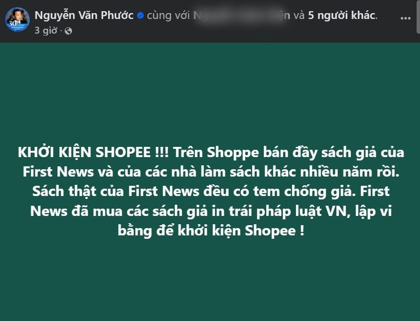 CEO First News thông báo kiện Shopee vì bán sách giả, sách lậu, đã lập vi bằng - ảnh 1