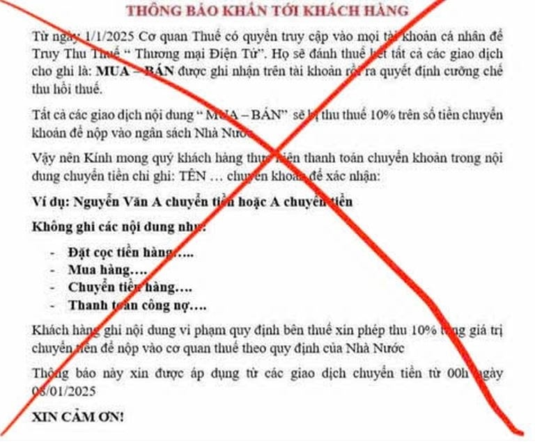 Bác bỏ tin đồn truy thu thuế 10% từ mọi tài khoản cá nhân có ghi chú 'MUA – BÁN' khi chuyển khoản