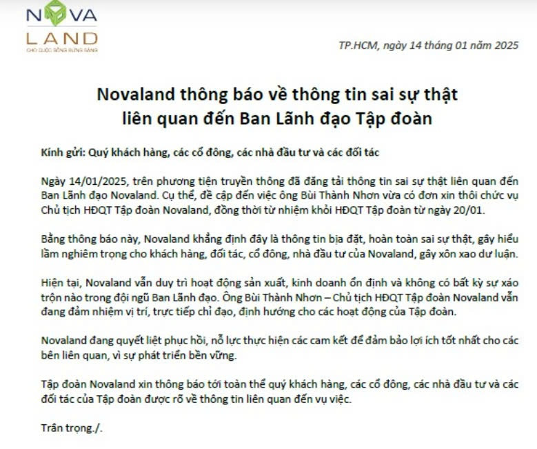 Thực hư việc ông Bùi Thành Nhơn từ nhiệm vị trí Chủ tịch HĐQT Novaland (NVL)