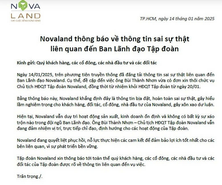 Chính phủ thông tin quan trọng về Tập đoàn Novaland (NVL)