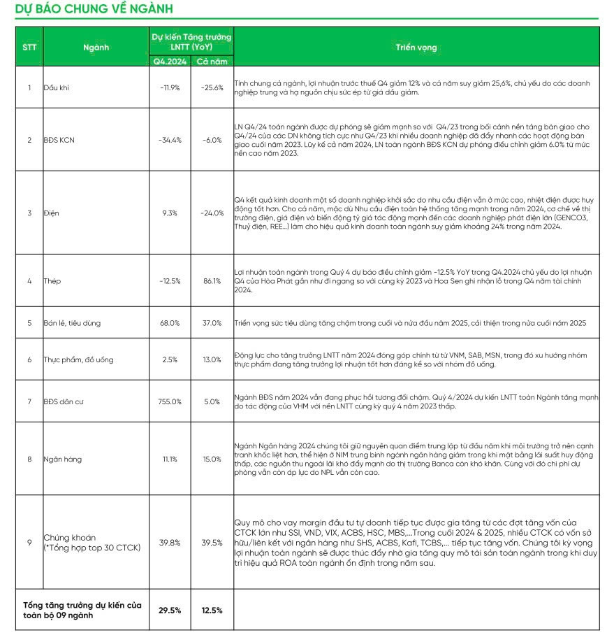 KQKD quý IV/2024: VPBS dự báo lợi nhuận 9 nhóm ngành, chứng khoán, bán lẻ và BĐS dẫn đầu với mức tăng trưởng đến 755%