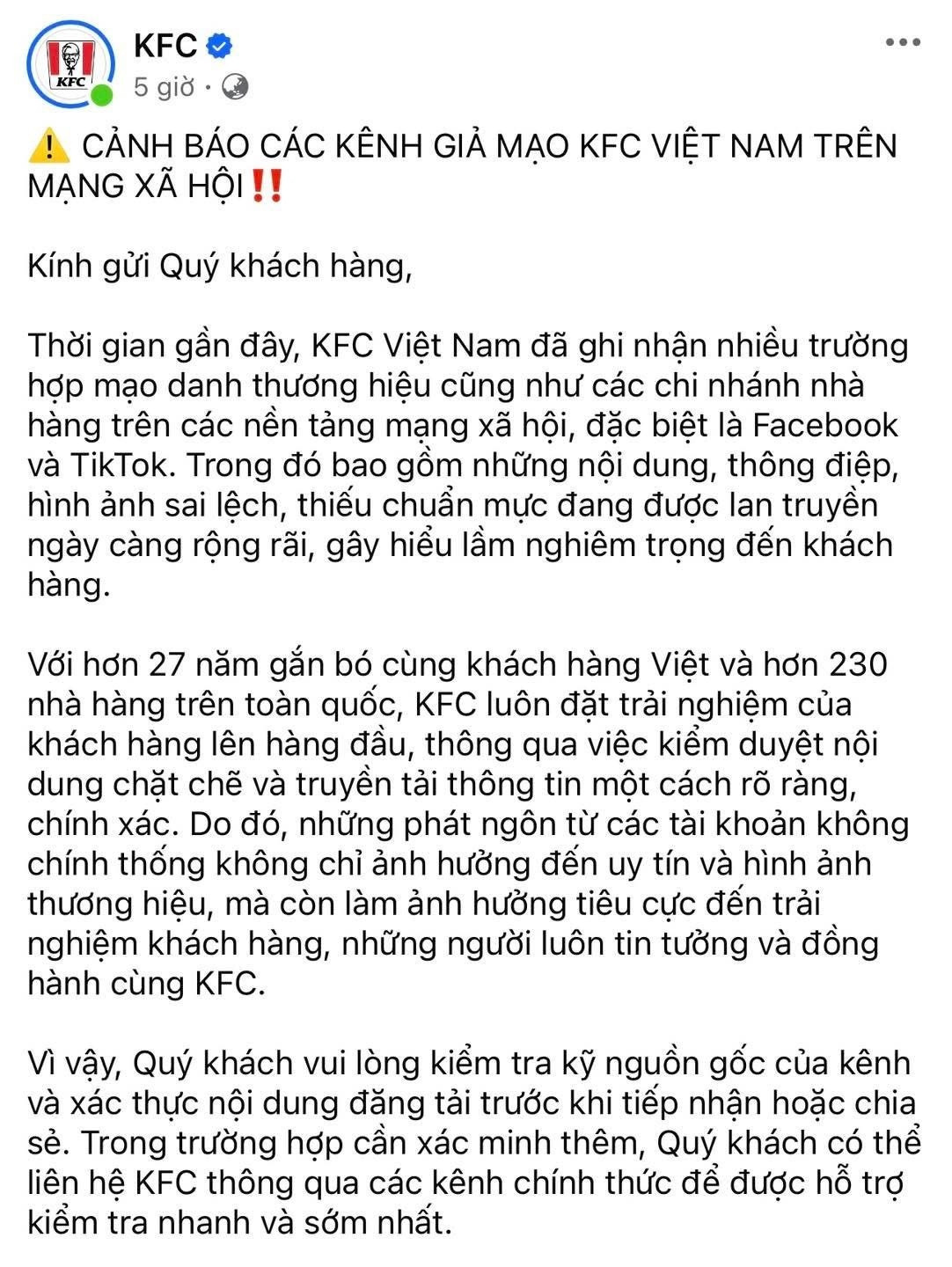 KFC Việt Nam lên tiếng cảnh báo vì bị mạo danh tràn lan