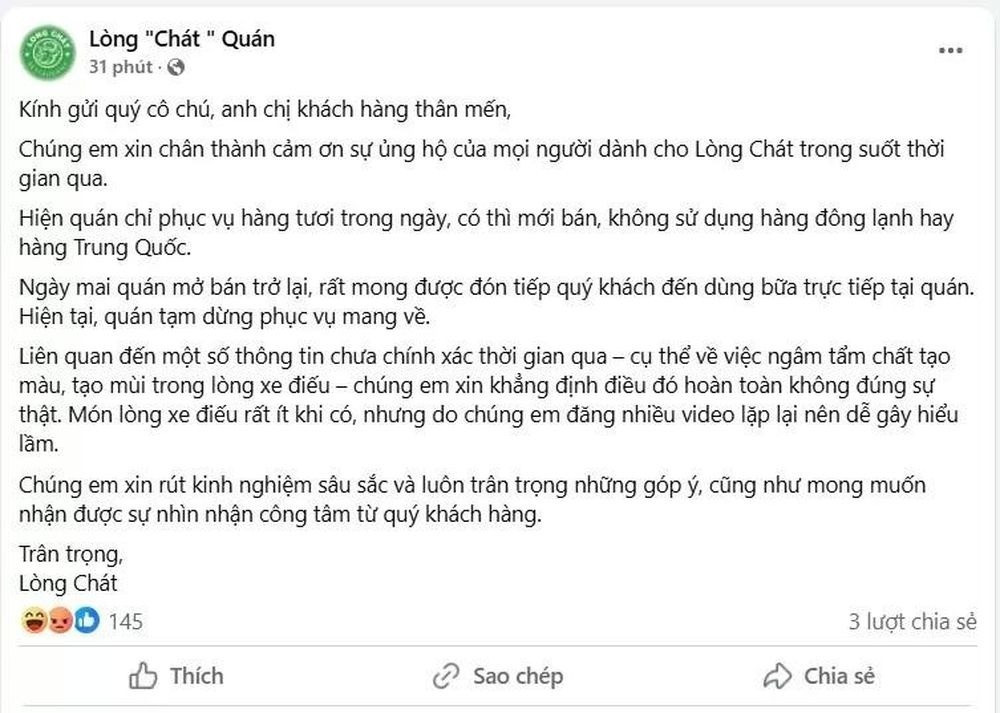 Vụ lòng se điếu dài 40m: Quán Lòng Chát ấn định ngày mở cửa trở lại, tuyên bố rõ nguồn gốc xuất xứ