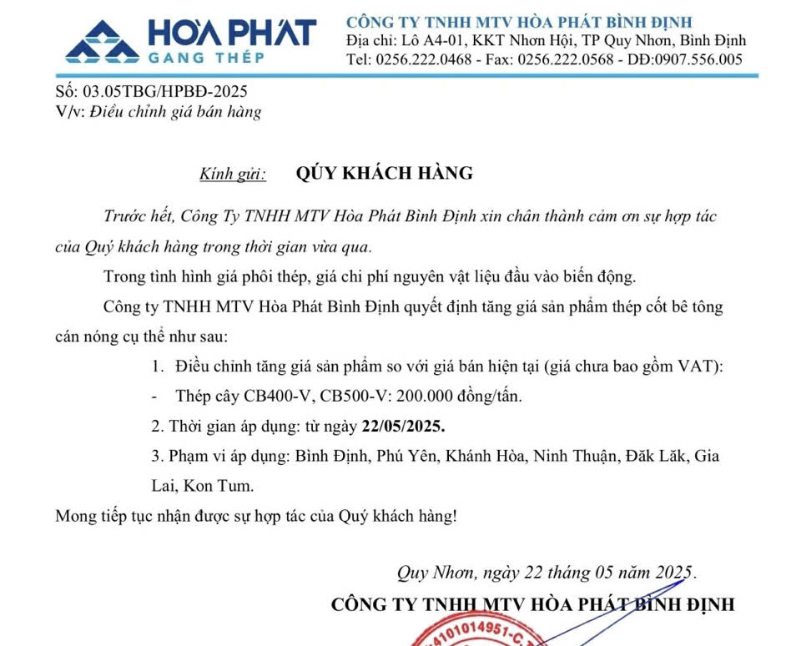 Loạt doanh nghiệp tiếp tục tăng giá thép khi chưa có tin mới sau vụ cháy lò cao của Hoà Phát (HPG)