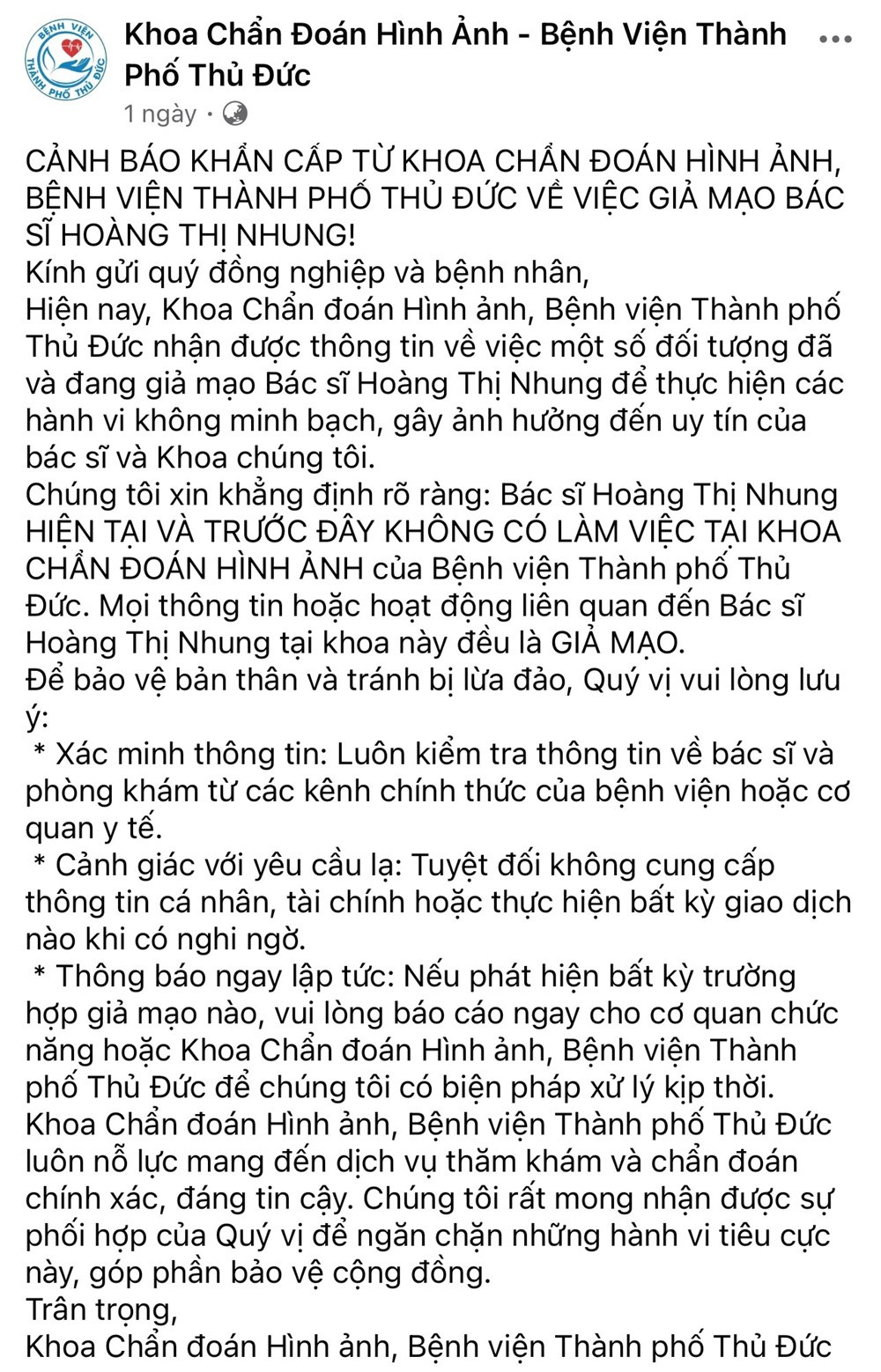 Cảnh báo khẩn cấp liên quan đến ‘Bác sĩ Hoàng Thị Nhung’ - ảnh 1