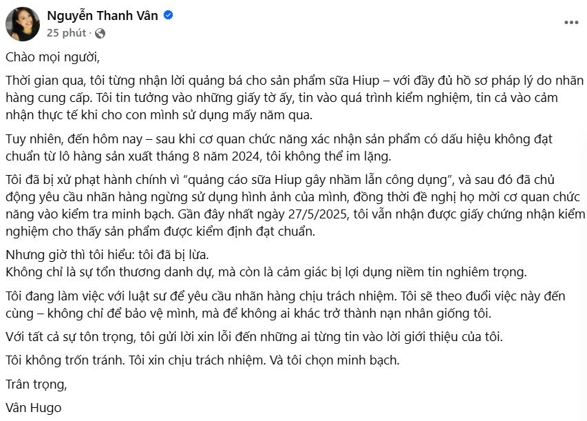 MC Vân Hugo nói bị lợi dụng vụ sữa Hiup, mời luật sư vào cuộc khi dàn lãnh đạo Z Holding bị bắt