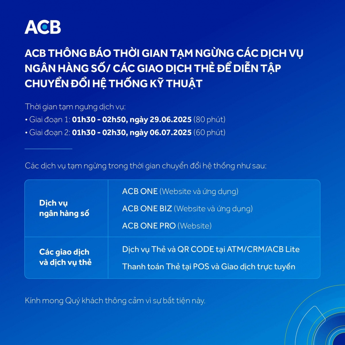 ACB phát thông báo khẩn về việc tạm ngừng một số dịch vụ