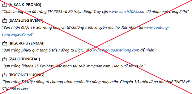 Một số nội dung tin nhắn tiềm ẩn nguy cơ lừa đảo. Nguồn: