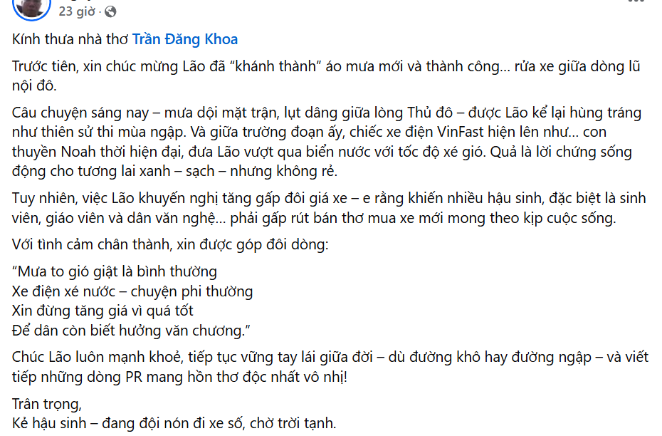 'Hoan hô ông Phạm Nhật Vượng' - Một nhà thơ nổi tiếng nói gì sau trận mưa Hà Nội?