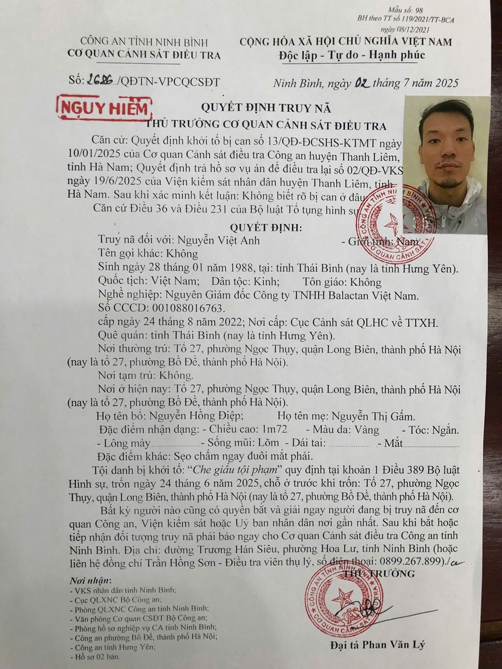 Truy nã Giám đốc Nguyễn Việt Anh sinh năm 1988 - ảnh 1