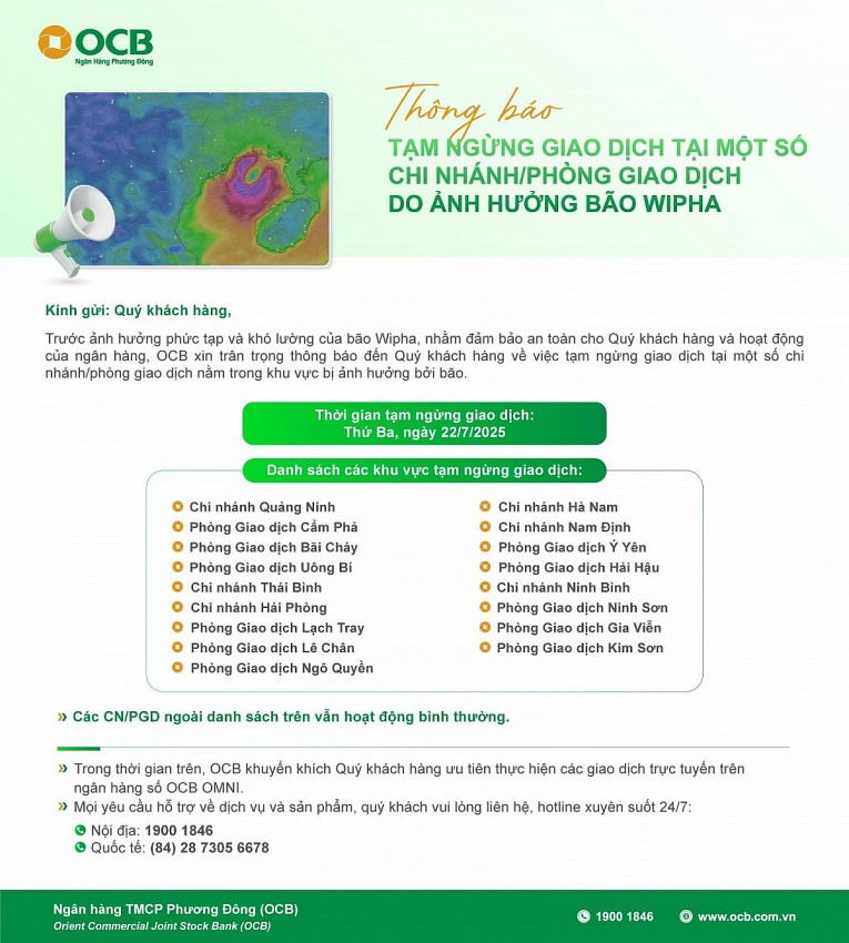 Techcombank, VPBank, TPBank, OCB... thông báo khẩn: Tạm ngừng giao dịch tại các chi nhánh sau đây do bão Wipha Techcombank, VPBank, TPBank, OCB... thông báo khẩn: Tạm ngừng giao dịch tại các chi nhánh sau đây do bão Wipha