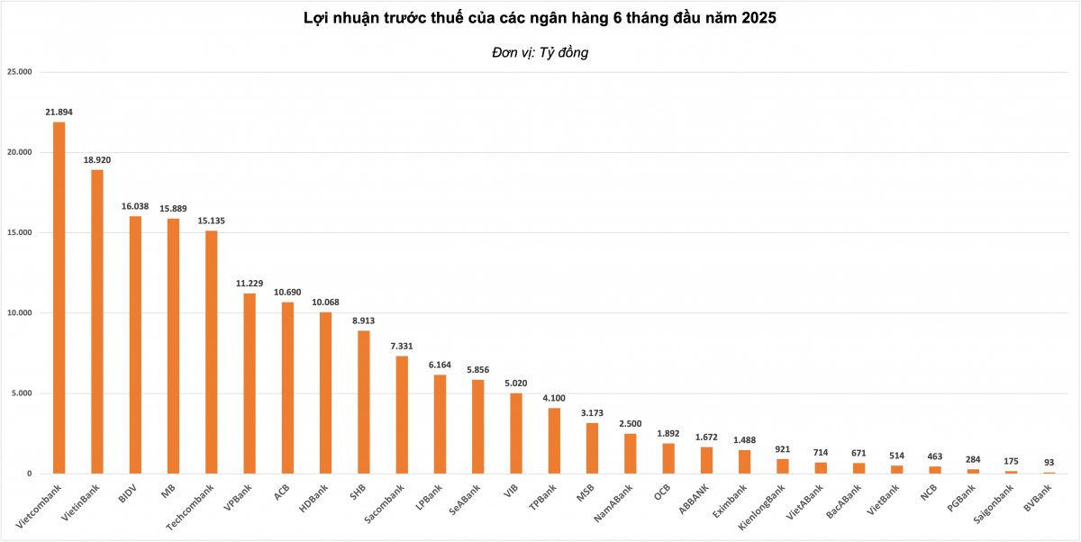 Cập nhật KQKD ngân hàng 6 tháng đầu năm 2025: Vietcombank giữ ngôi vương, xuất hiện một nhà băng tăng ‘sốc’ 200% về lợi nhuận