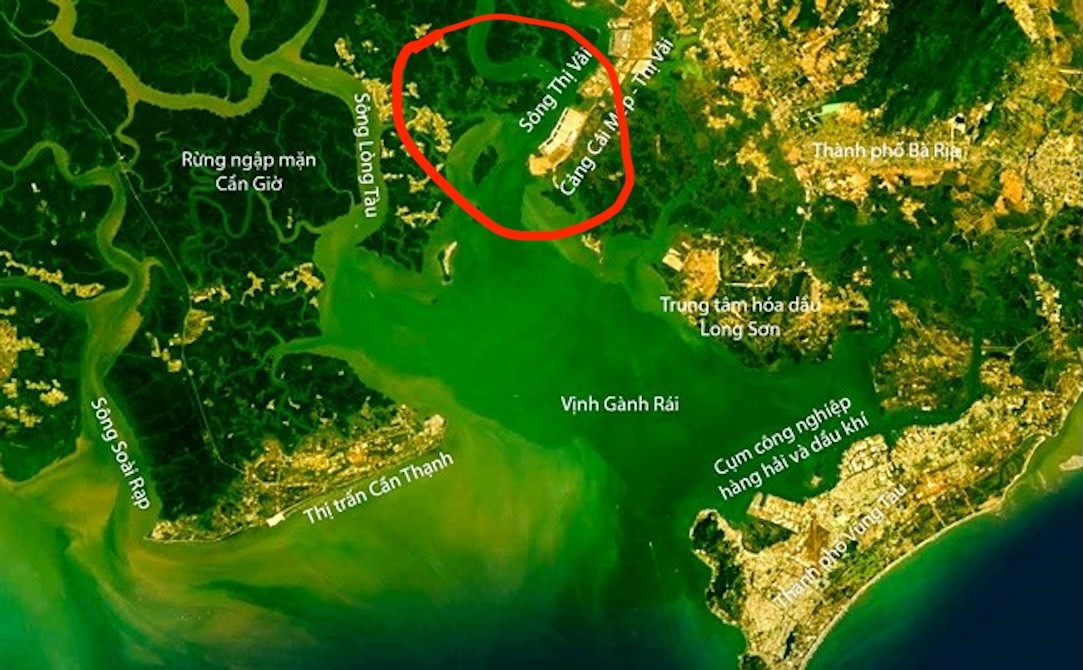 Sông Thị Vải (Trong khoang đỏ) là nơi tiếp giáp nhưng khó có thể xây dựng đường kết nối ket-can-gio-07.jpg