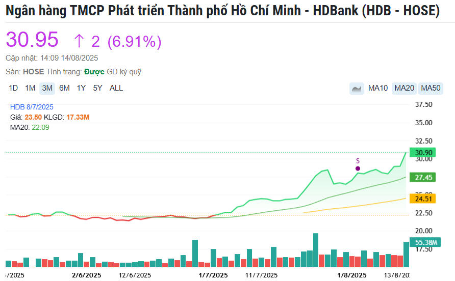 HDB lập kỷ lục thanh khoản lịch sử, cổ phiếu bùng nổ sắc tím, kéo sóng tích sản nhóm ngân hàng