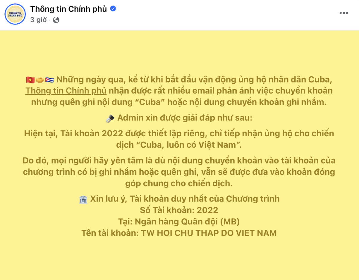 Chính phủ lên tiếng về việc ủng hộ Cuba qua tài khoản 2022: Ghi nhầm nội dung có mất tiền?