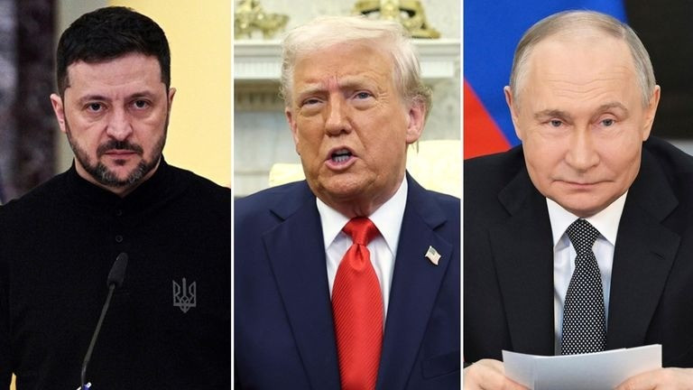 Tổng thống Mỹ Donald Trump, Tổng thống Nga Vladimir Putin và Tổng thống Ukraine Volodymyr Zelensky. (Ảnh: Sky News) skynews-trump-zelenskyy-putin-68.jpg