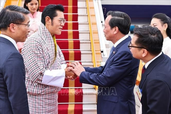 Bộ trưởng Bộ Dân tộc và Tôn giáo Đào Ngọc Dung đón Quốc vương Bhutan Jigme Khesar Namgyel Wangchuck và Hoàng hậu tại sân bay quốc tế Nội Bài. Ảnh: TTXVN. bhutan.jpg