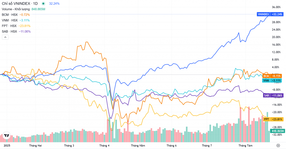 4 cổ phiếu VN30 giảm điểm bất chấp VN-Index tăng 33%, tâm điểm lao dốc gần 24%