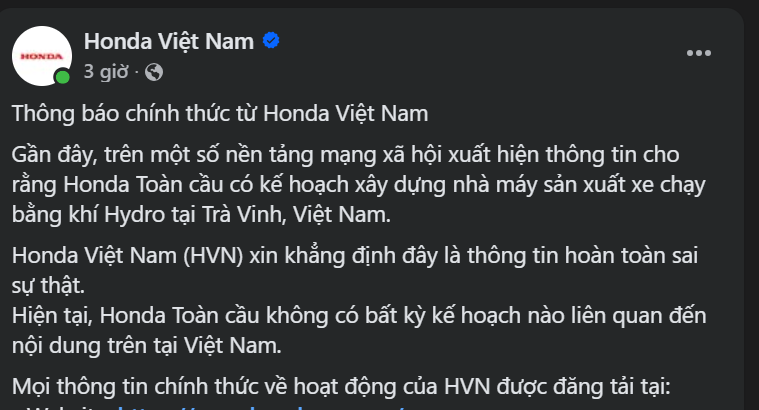 Honda Việt Nam bác bỏ thông tin xây dựng nhà máy xe Hydro tại Trà Vinh