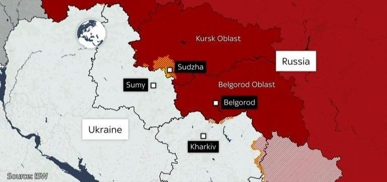 Tỉnh Sumy của Ukraine giáp tỉnh Kursk của Nga. (Bản đồ: Sky News) skynews-kursk-ukraine-map-685430.jpg