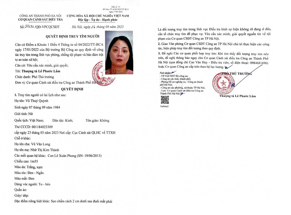 Đề nghị ai biết Vũ Thúy Quỳnh ở đâu khẩn trương liên hệ công an qua SĐT: 0984.681.696