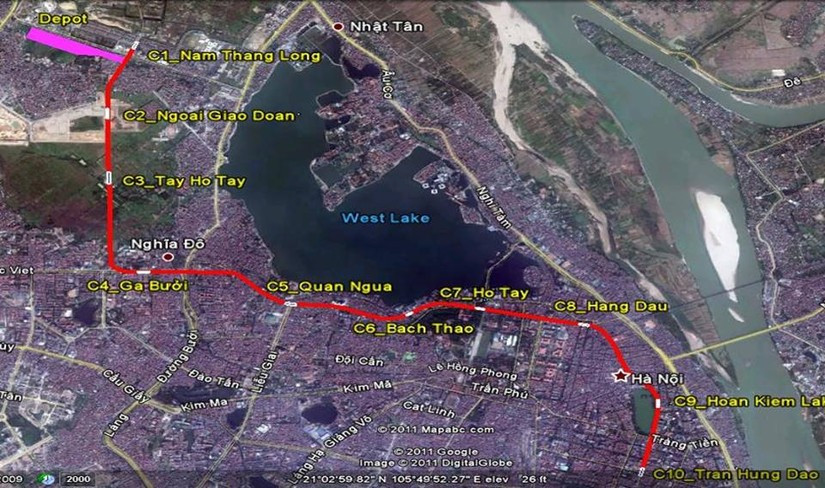 Sơ đồ tuyến Metro số 2, đoạn Nam Thăng Long - Trần Hưng Đạo. Nguồn ảnh: FECON