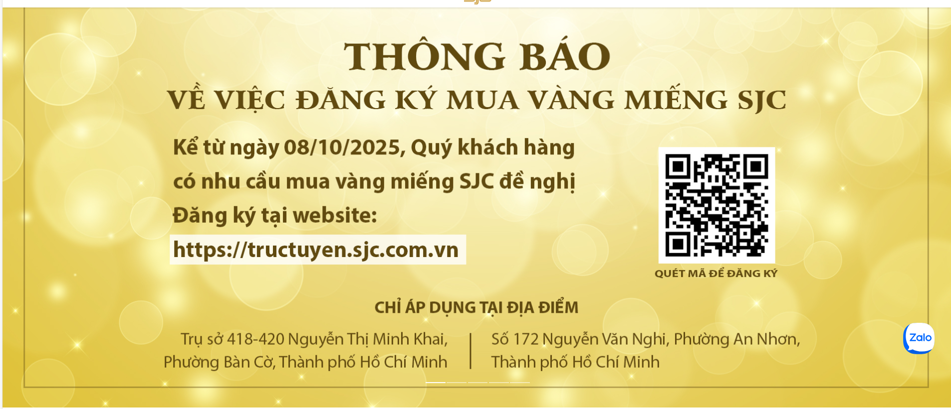 Công ty SJC thông báo về việc đăng ký mua vàng miếng. Ảnh: SJC