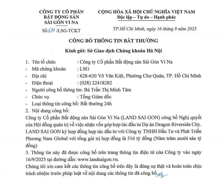Nghị quyết của Land - Saigon về việc thông qua việc nhận vốn góp hợp tác đầu tư dự án Dragon Riverside City. Nguồn ảnh: Land - Saigon