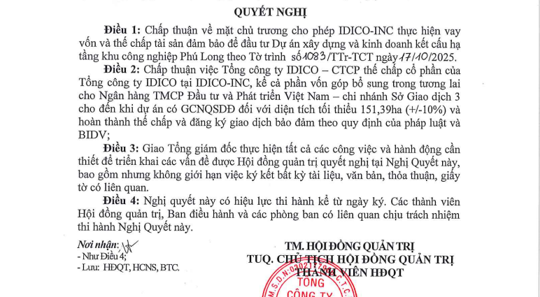 Nghị quyết của Idico về vay vốn làm khu công nghiệp tại Ninh Bình. Nguồn ảnh: Idico Nghị quyết của Idico về vay vốn làm khu công nghiệp tại Ninh Bình. Nguồn ảnh: Idico