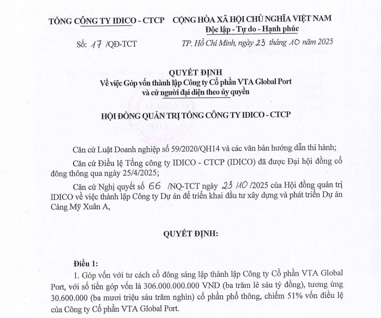 Nghị quyết của Idico về rót vốn vào công ty con. Nguồn ảnh: Idico Nghị quyết của Idico về rót vốn vào công ty con. Nguồn ảnh: Idico